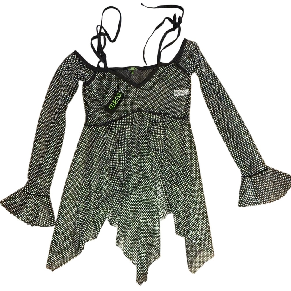 CLUB‎ EXX Women's Rhinestone Fishnet Tie Strap Long Sleeve Festival Top